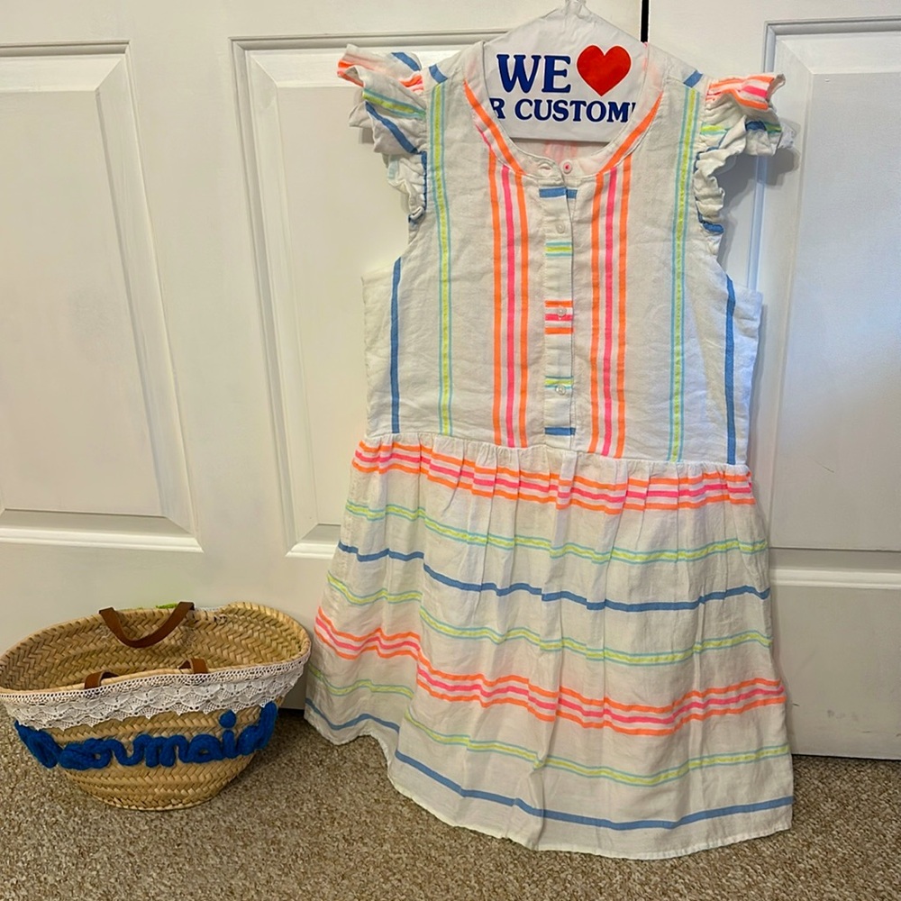 EUC Vineyard Vines Guava Multi Striped Ruffle Sleeve Dress, size 2